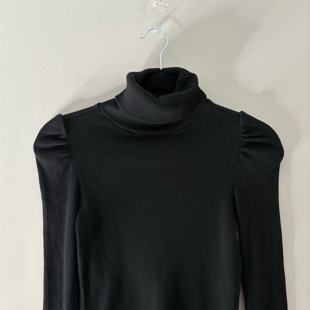 AMO Puff Sleeve Turtleneck Ribbed Long Sleeve Shirt Minimalist Black - Picture 3 of 6